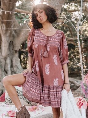 Daughters of India Mishka Rust Brown Printed Dress